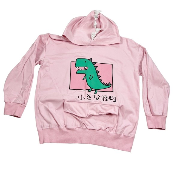 Emo Dinosaur Pullover Pink Hoodie Sweatshirt Spikes Pockets Fits Womens Small - Picture 1 of 8